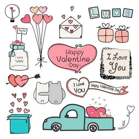 Happy Valentine Day Set Of Doodle Valentine Day Labels And Typography Elements Vector