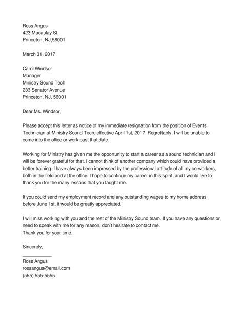 Draft Letter Of Resignation Template