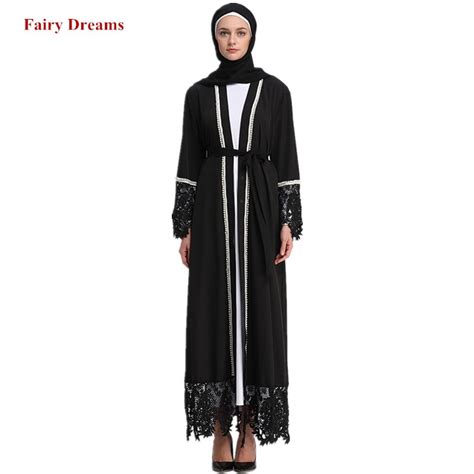 Women Muslim Abaya Dubai Black White Lace Pears Beaded Bangladesh Robe Cardigan Hijab Caftan