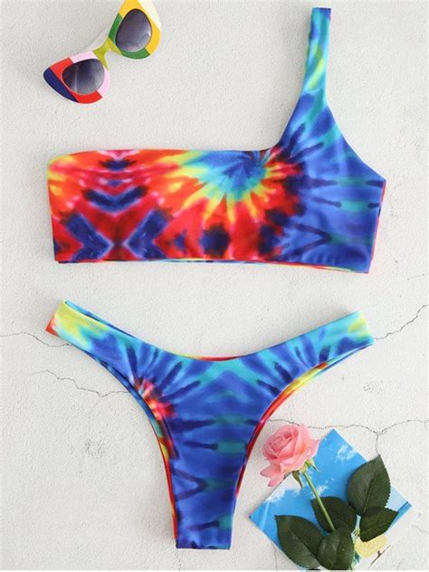 15 OFF 2021 Tie Dye One Shoulder Bikini Set In MULTI ZAFUL
