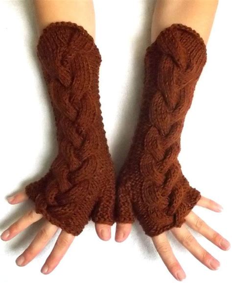 Fingerless Gloves Woolen Knitted Wrist Warmers Brown Copper Etsy Uk