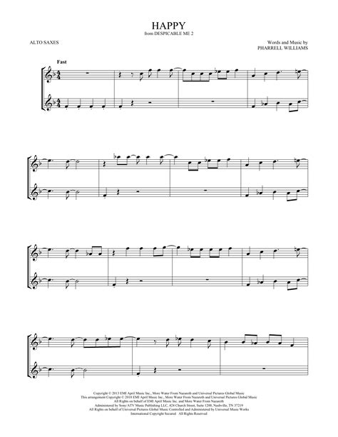 Happy From Despicable Me 2 Sheet Music Pharrell Alto Sax Duet