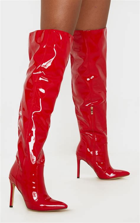 Red Patent Knee High Boot Shoes Prettylittlething Aus