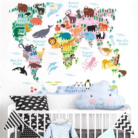 Renkli D Nya Haritas Hayvanlar Poster Harita Duvar Sticker Sanat