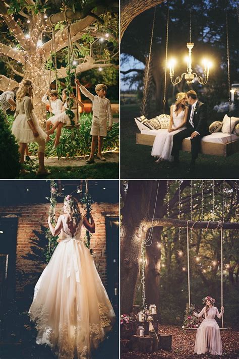 Four Different Pictures Of People In Wedding Dresses On Swings And