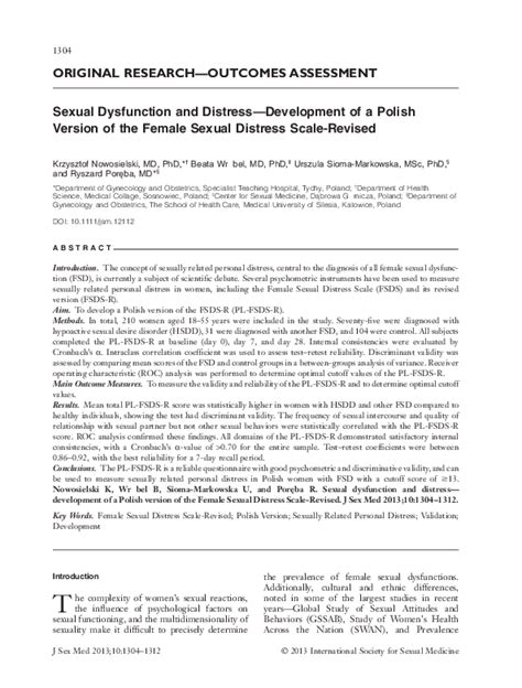 Pdf Sexual Dysfunction And Distress Development Of A Polish Version Of The Female Sexual