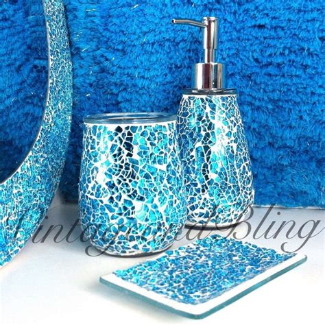 Blue Sparkle Crackle Glass Bathroom Accessory Set Tumbler Dispenser