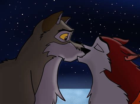 Two Wolfs Face To Face In The Night Sky