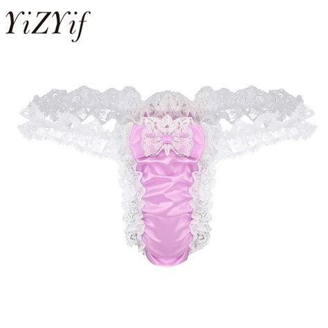 Yizyif Sexy Men Lingerie Floral Lace Frilly Shiny Pink Sissy G String Panties Thong Underwear