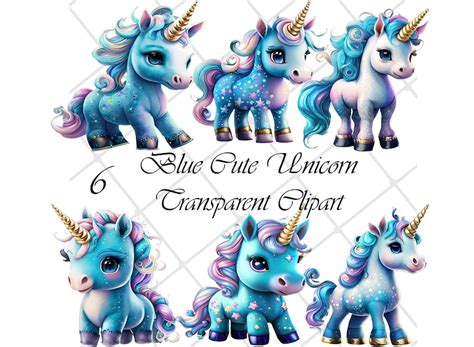 6 Baby Blue Unicorn Watercolor Clipart Png Unicorn Сlip Art Etsy
