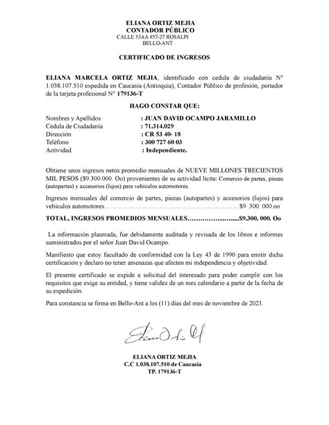 Modelo Certificado De Ingresos Contador Publico Colombia Noticias