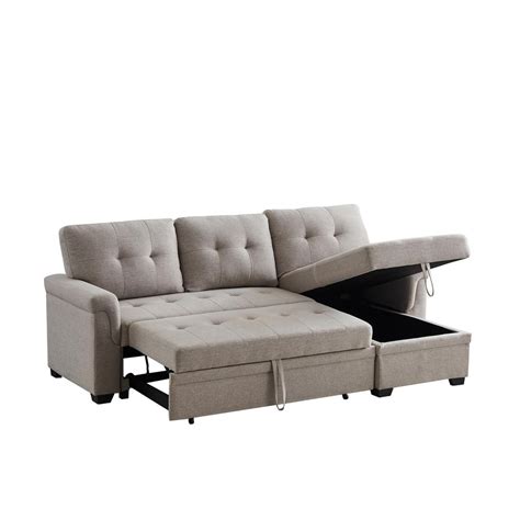 lucca light gray linen reversible sleeper sectional sofa with storage chaise