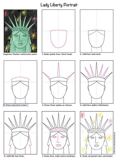 Draw the hands and fingers. Draw the Statue of Liberty's Face · Art Projects for Kids