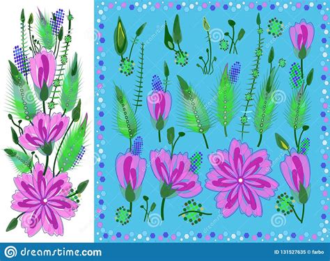 Set Of Floral Elements With Violet Daisy Type Flowers Leaves And Buds