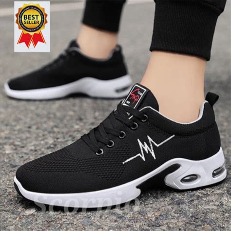 Jual Sepatu Sneakers Olahraga Pria Cowok Cowo Wanita Cewek Cewe Sport F87 Hitam Merah 43