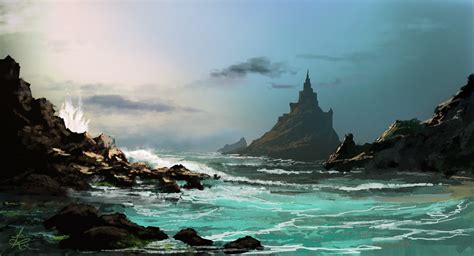 Wallpaper Drawing Digital Art Fantasy Art Sea Bay Rock Shore Clouds Beach Morning