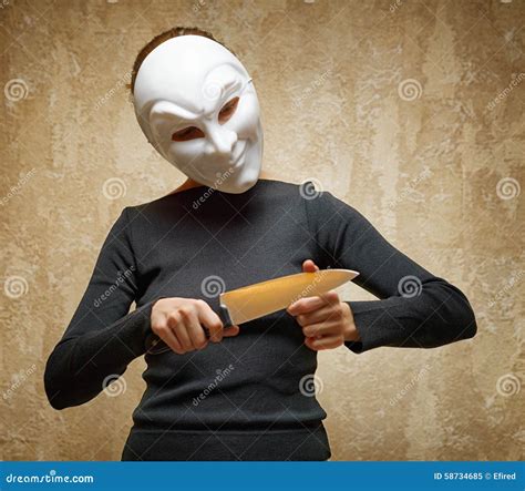Woman In White Mask Holding The Knife Stock Image Image Of Horror Female 58734685