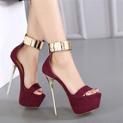 High Heels Pumps Red Wine Open Toe With Gold Embellishment Party