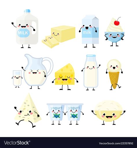 Cute Cartoon Dairy Products Characters Royalty Free Vector