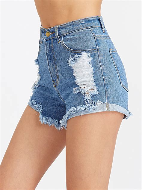 Frayed Roll Hem Distressed Denim Shorts Sheinsheinside