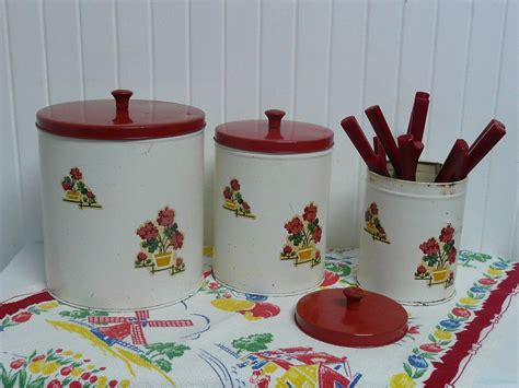 1940s Adorable Tin Metal Canister Set White With Geraniums Etsy