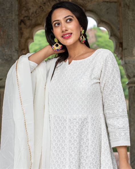 Off White Lucknowi Chikankari Dress With Georgette Bijiya Work Dupatta Set Of Two By Chokhi