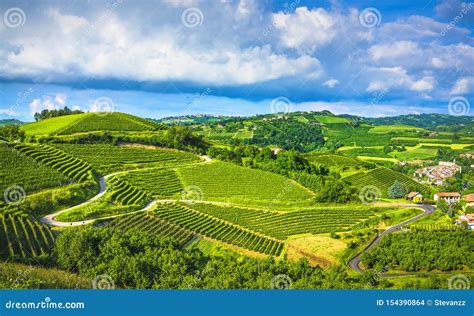 Langhe Vineyards View Road And Sinio Small Village Piedmont Italy