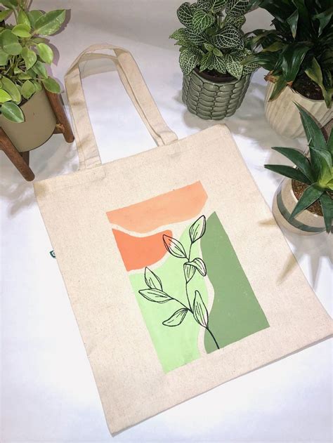 Canvas Tote Bag Hand Painted Reusable Minimalist Plant Etsy In 2021 Tote Bag Canvas Design