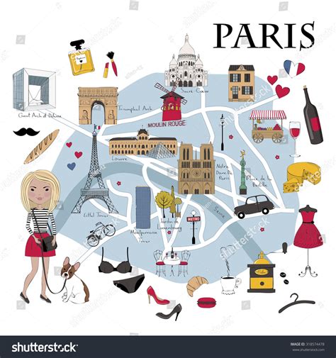 Paris Map With Famous Landmarks Stock Vector Illustration 318574478