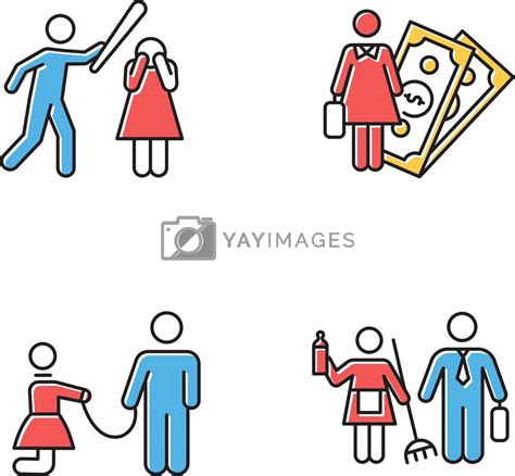 gender equality color icons set female economic activity violence against woman sexual