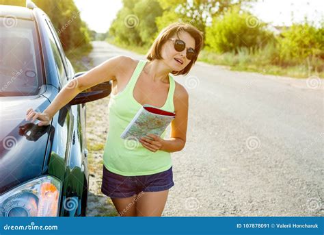 Cute Female Driver Is Traveling Standing Beside His Car On A Co Stock Image Image Of Holiday