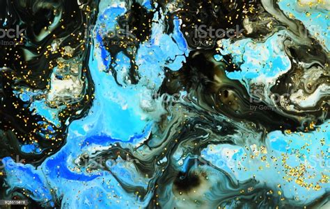 Abstract Marble Black Blue White Color Paint And Gold