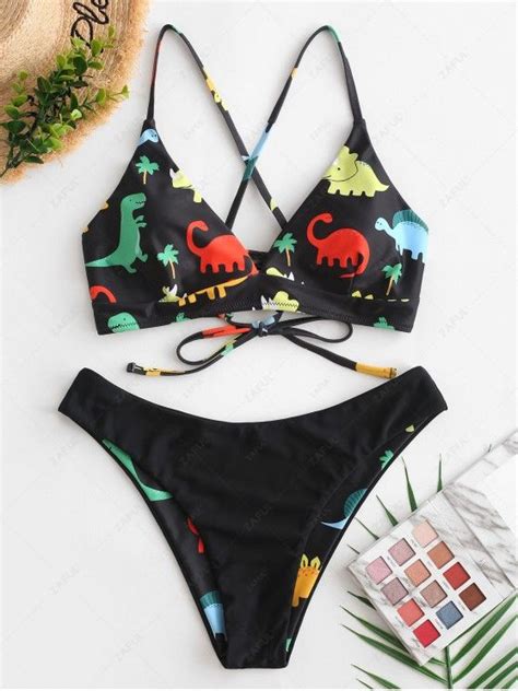[26 Off] 2021 Zaful Reversible Dinosaur Lace Up Bikini Swimsuit In Black Zaful