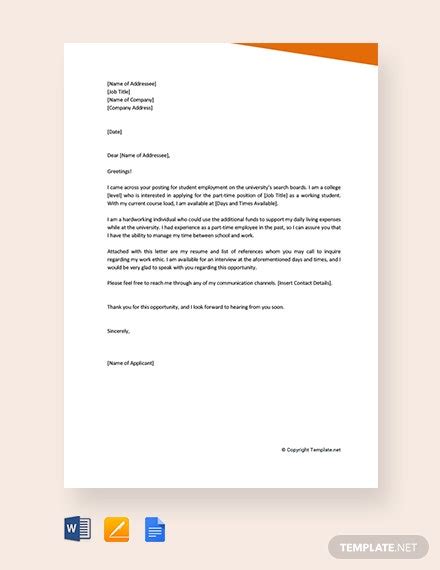 A spelling error can be fatal to your application. FREE Application Letter For Working Student Template ...