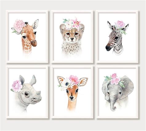Safari Baby Animals With Flower Crown Girl Nursery Wall Art Blush