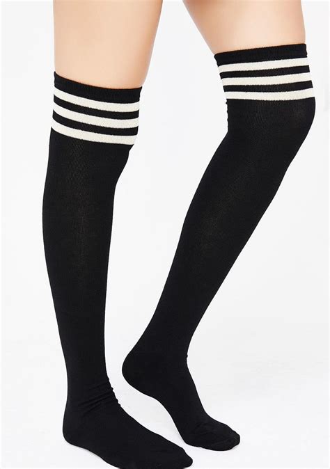 Athletic Stripe Thigh High Black Socks High Knee Boots Outfit Thigh