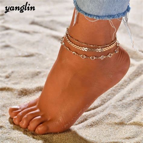 Hot Sale Gold Crystal Foot Chain Anklet Sexy Multi Layer Ankle Bracelets For Women Boho Summer