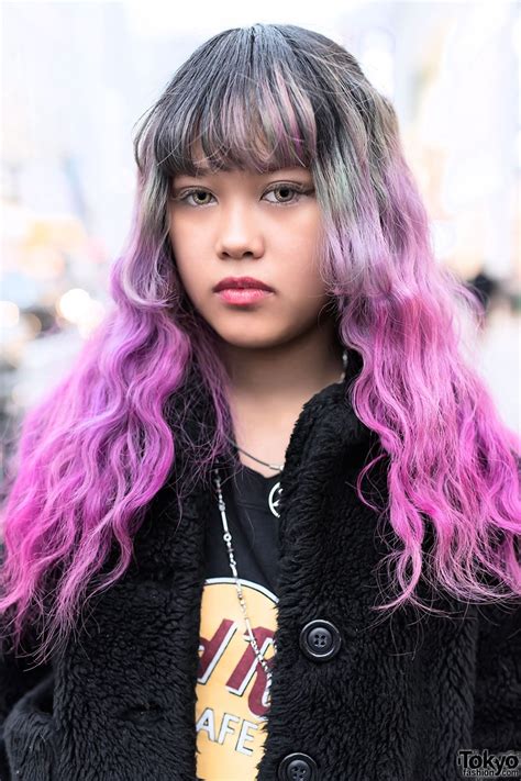 Pink Dip Dye Hair Furry Jacket And Tokyo Bopper Platforms In Harajuku