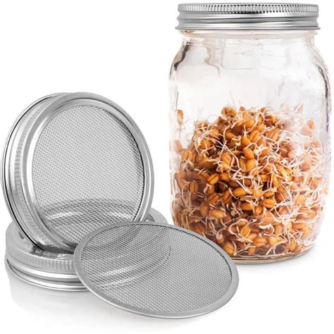 Vivefox 4 Pack Stainless Steel Sprouting Jar Lid Kit Regular Mouth