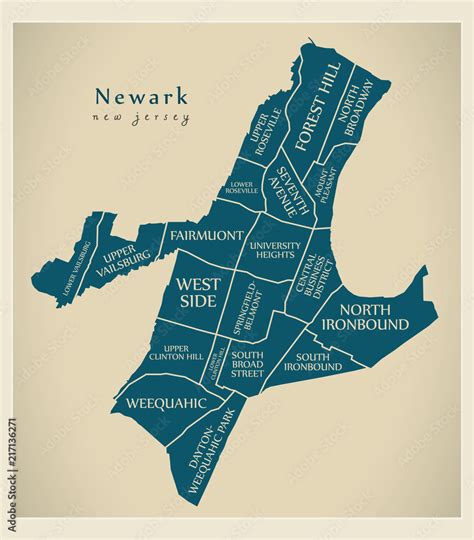 Modern City Map Newark New Jersey City Of The Usa With Neighborhoods