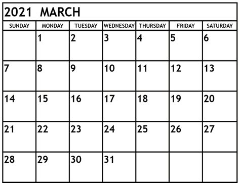 Pdf Word And Excel Blank March Calendar 2021 Printable Template Free