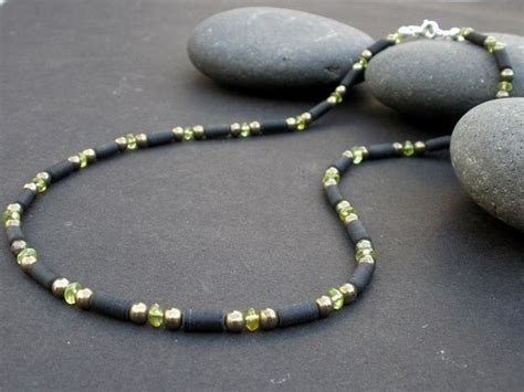 Mens Peridot Necklace 4mm Matted Black Obsidian Heishi