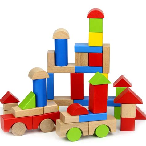 50pcs Blocks Baby Wood Block Toys Building Block Colorful Nature Wood