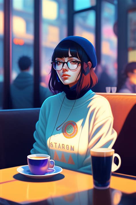 lexica cute girl in blue sweater black hair black wayfarer glasses sitting psychedelic