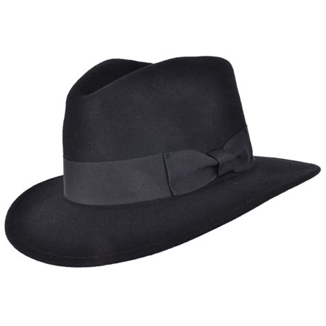 Foldable Black Indiana Hat 100 Wool Felt Fedora Trilby Hat With Wide