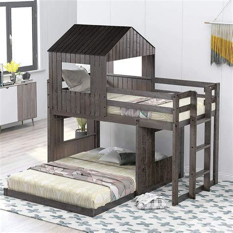 churanty wooden twin over full bunk bed loft bed with playhouse farmhouse ladder and