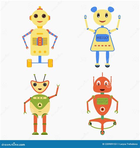 Set Of Robots In Cartoon Style Isolated Vector Robots In A White