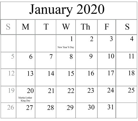 Top Free January 2020 Calendar Pdf Word Excel Template