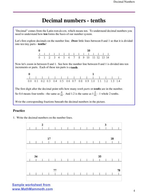 Decimal Numbers Tenths Worksheet For 4th 6th Grade Lesson Planet