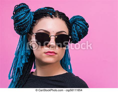 Close Up Of Woman With Blue Pigtails Braided Head African Woman With
